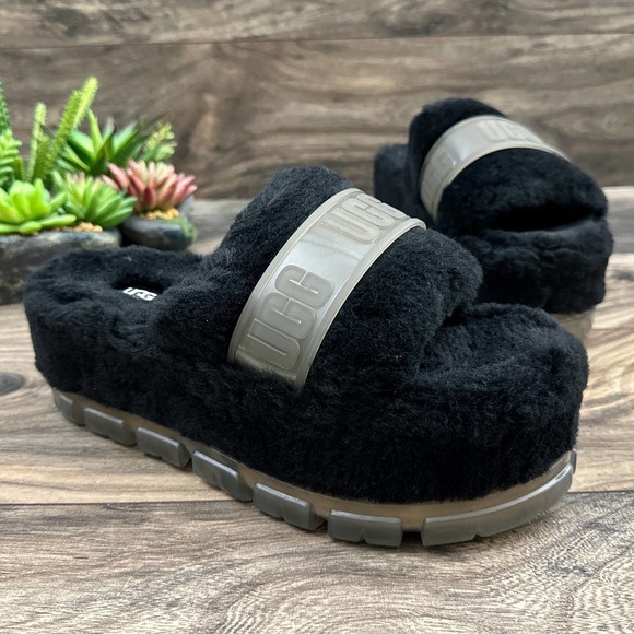 NIB UGG Australia Fluffita 9 40 Black Clear Platform Slide Slipper Sandals - Picture 5 of 12